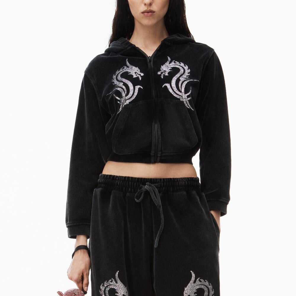 Alexander Wang Shrunken Zip Hoodie Crystal Dragon Washed Pepper Size XXS NEW NWT